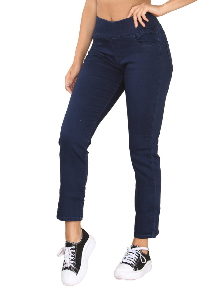 EZL432 Enzo Womens Wide Leg Denim Jeans Mid Rise Elasticated Waist Cotton Stretch Pants RAWDENIM RAWDENIM