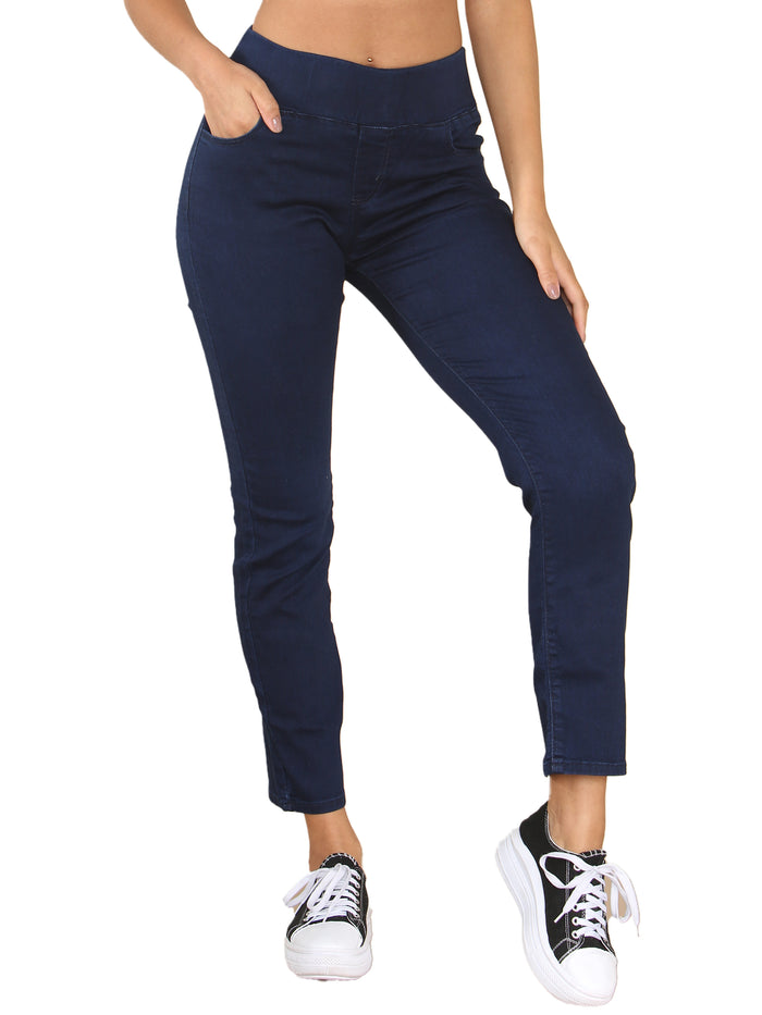 EZL432 Enzo Womens Wide Leg Denim Jeans Mid Rise Elasticated Waist Cotton Stretch Pants RAWDENIM RAWDENIM