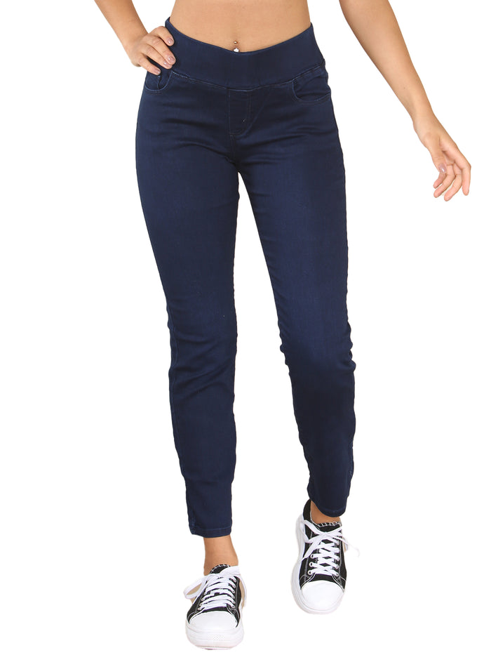 EZL432 Enzo Womens Wide Leg Denim Jeans Mid Rise Elasticated Waist Cotton Stretch Pants RAWDENIM RAWDENIM