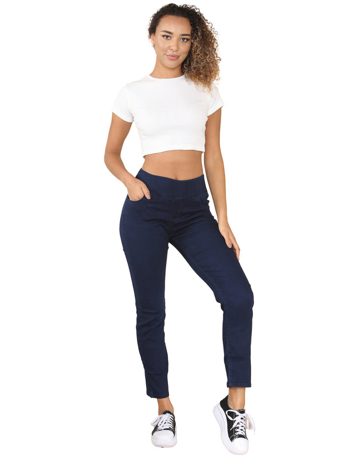 EZL432 Enzo Womens Wide Leg Denim Jeans Mid Rise Elasticated Waist Cotton Stretch Pants RAWDENIM RAWDENIM
