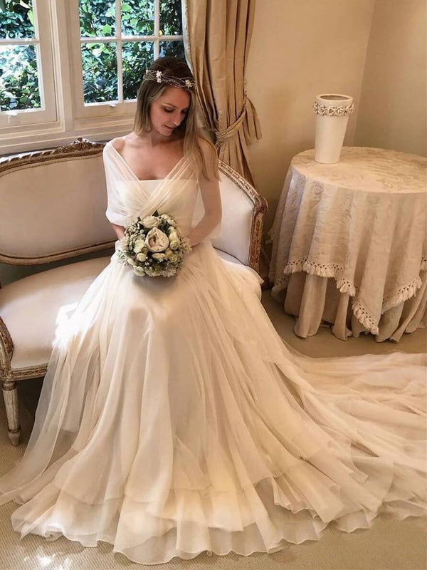 Ethereal Strapless A-line Layered Chiffon Wedding Dresses with Train, AB1560