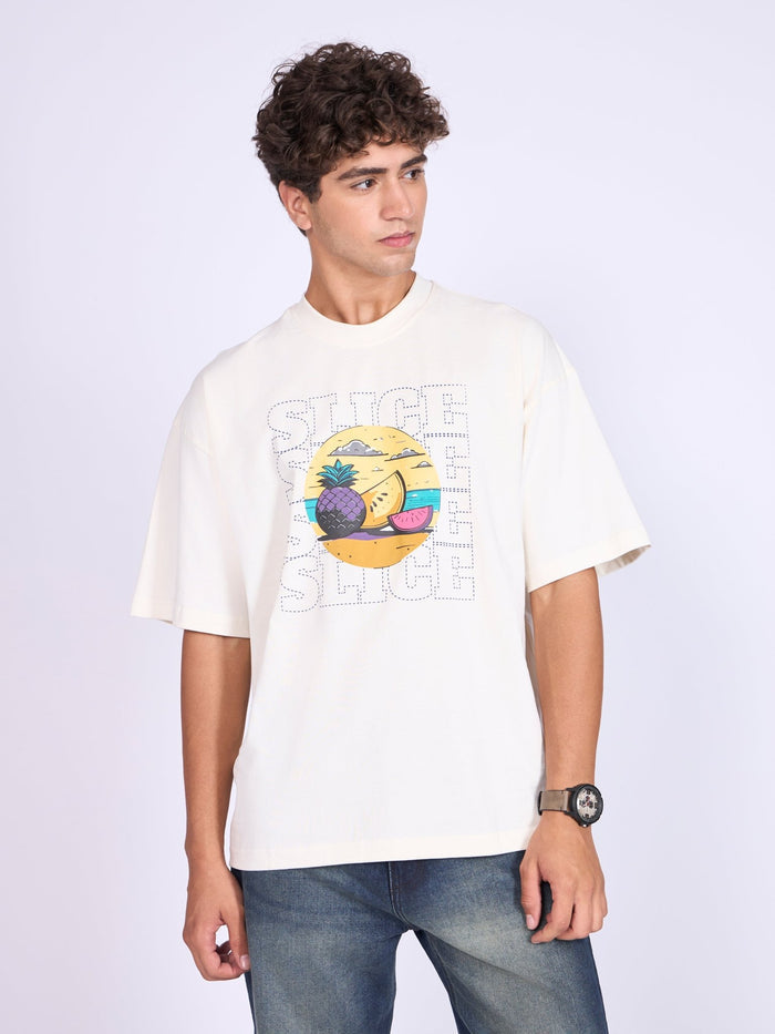Men's Printed Baggy T-Shirt - Cream