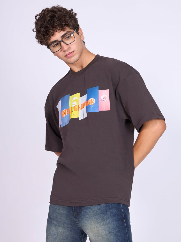 Everston - Still Growing Printed Baggy T-Shirt - Ground Coffee