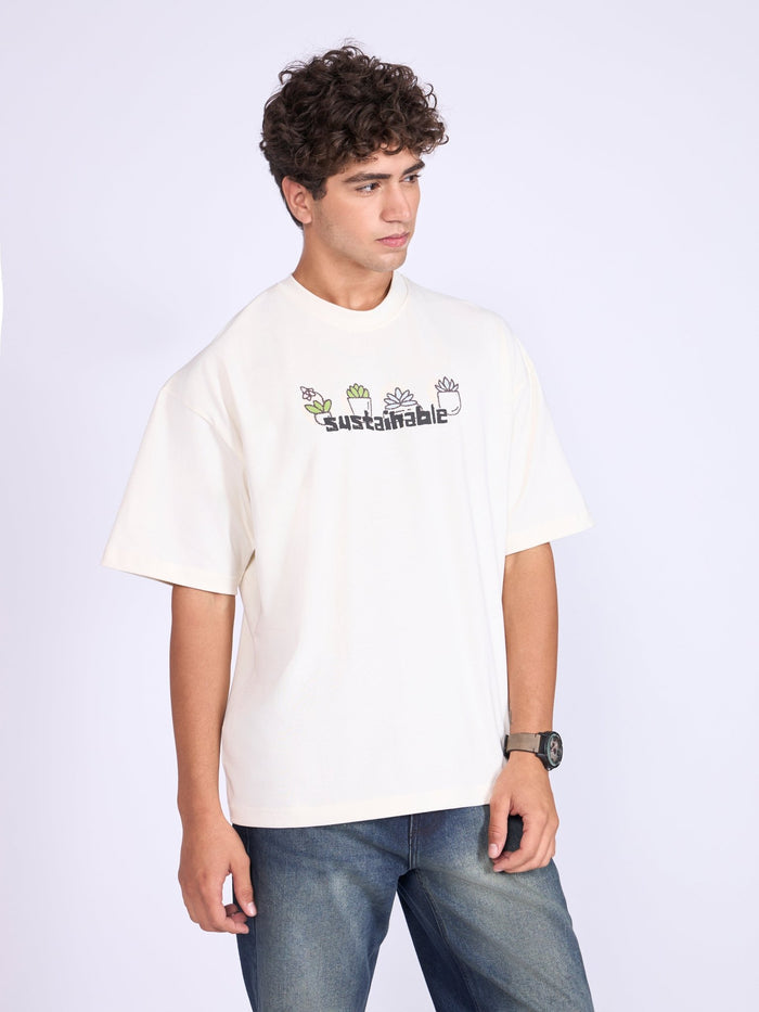 Men's Printed Baggy T-Shirt - Cream