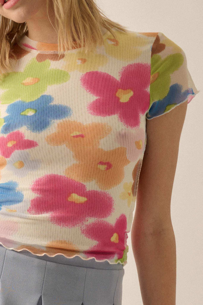 Flower Child Floral Mesh Cropped Baby Tee - ShopPromesa