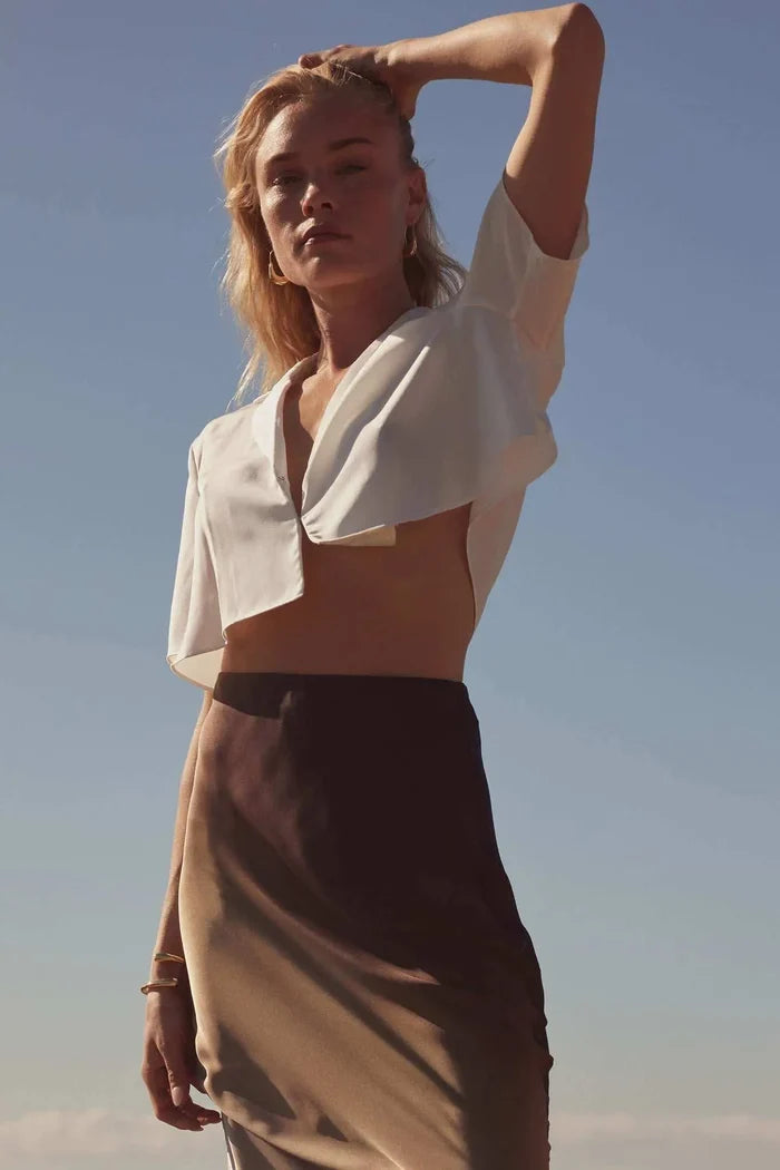 French Lessons Cropped Satin Open-Front Shirt - ShopPromesa