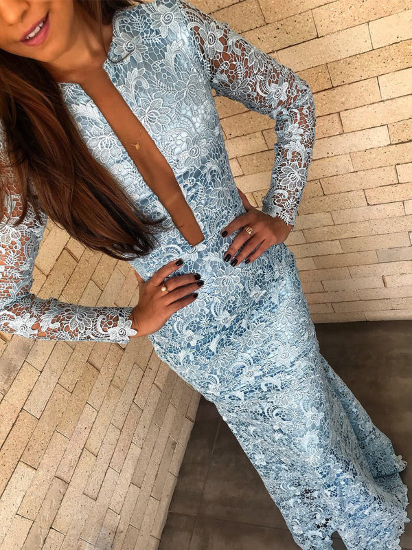 Gorgeous Deep V-neck Illusion Back Blue Lace Prom Dress with Long Sleeves, Evening Dress, PD00203