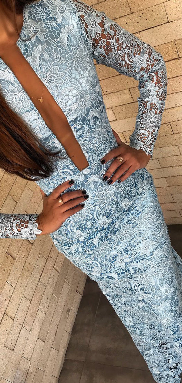 Gorgeous Deep V-neck Illusion Back Blue Lace Prom Dress with Long Sleeves, Evening Dress, PD00203