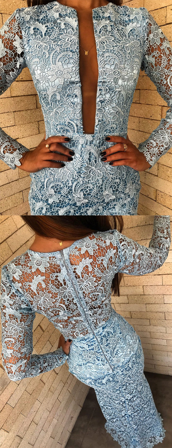 Gorgeous Deep V-neck Illusion Back Blue Lace Prom Dress with Long Sleeves, Evening Dress, PD00203