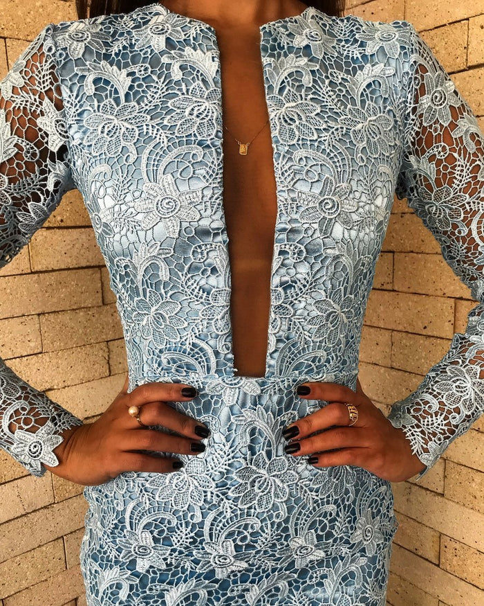 Gorgeous Deep V-neck Illusion Back Blue Lace Prom Dress with Long Sleeves, Evening Dress, PD00203