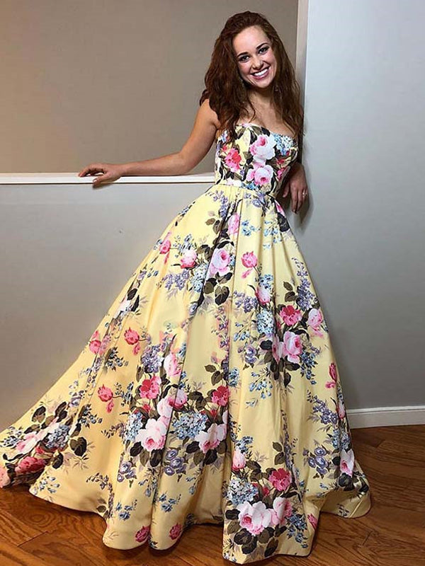 Gorgeous Floral Prints Strapless Yellow Strapless Prom Dresses, Evening Dress, PD00373