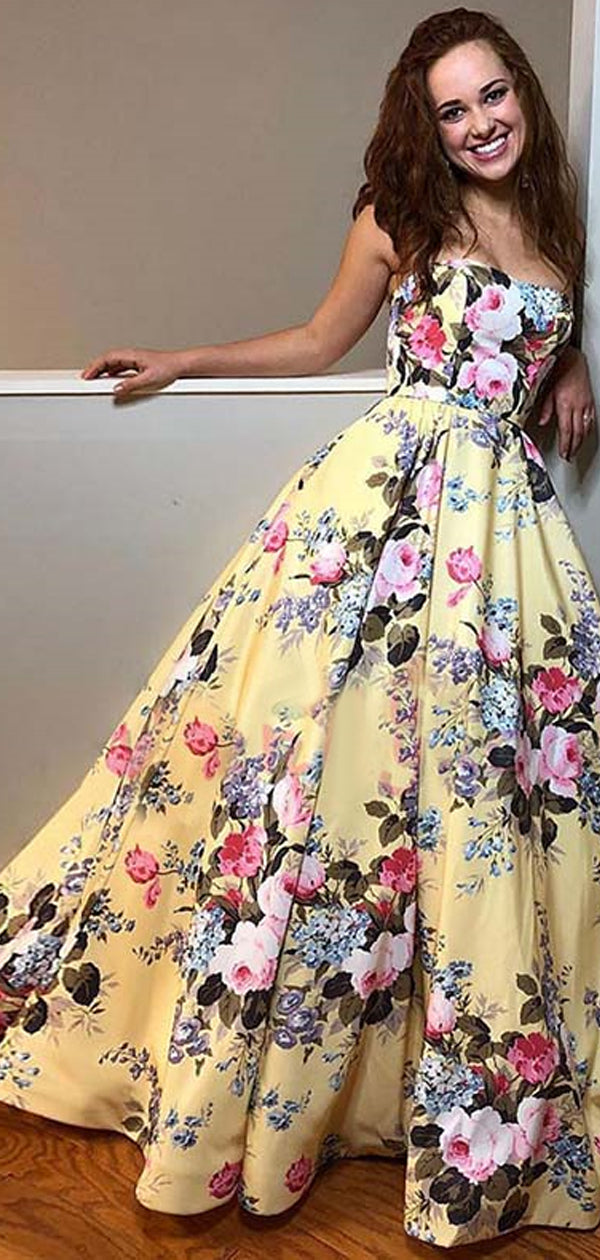 Gorgeous Floral Prints Strapless Yellow Strapless Prom Dresses, Evening Dress, PD00373