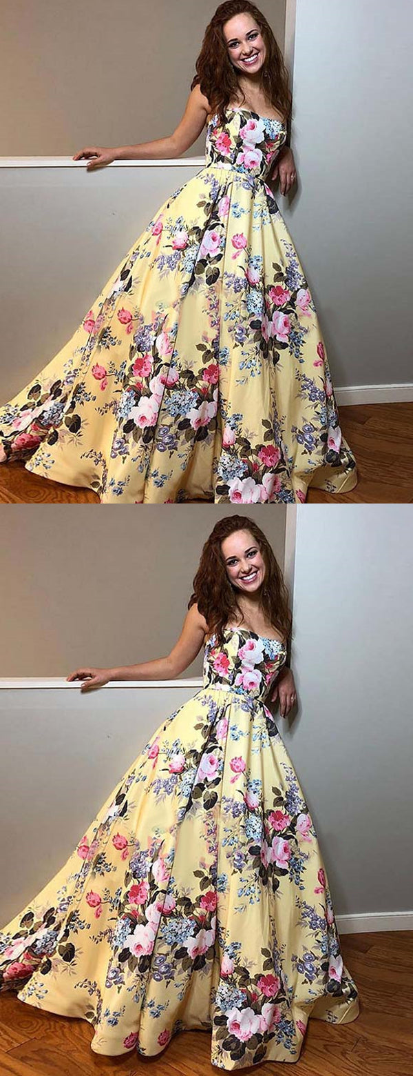 Gorgeous Floral Prints Strapless Yellow Strapless Prom Dresses, Evening Dress, PD00373