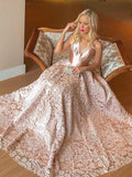 Gorgeous Full Lace V-neck A-line Pink Long Prom Dress, Evening Dress, PD00259