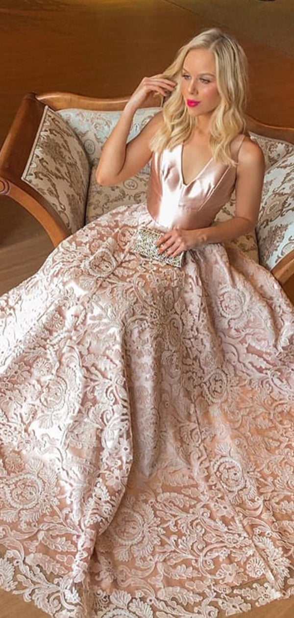 Gorgeous Full Lace V-neck A-line Pink Long Prom Dress, Evening Dress, PD00259