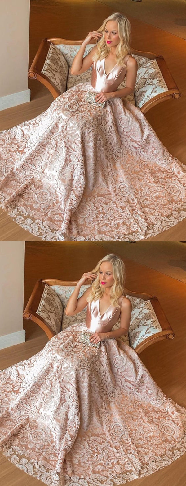 Gorgeous Full Lace V-neck A-line Pink Long Prom Dress, Evening Dress, PD00259
