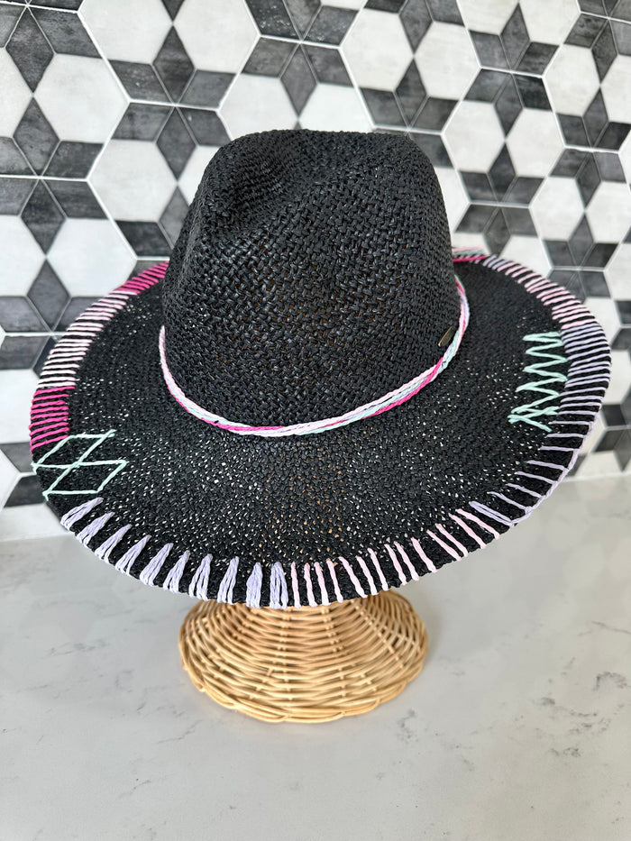 Multi Color Stitch Panama Hat in Black