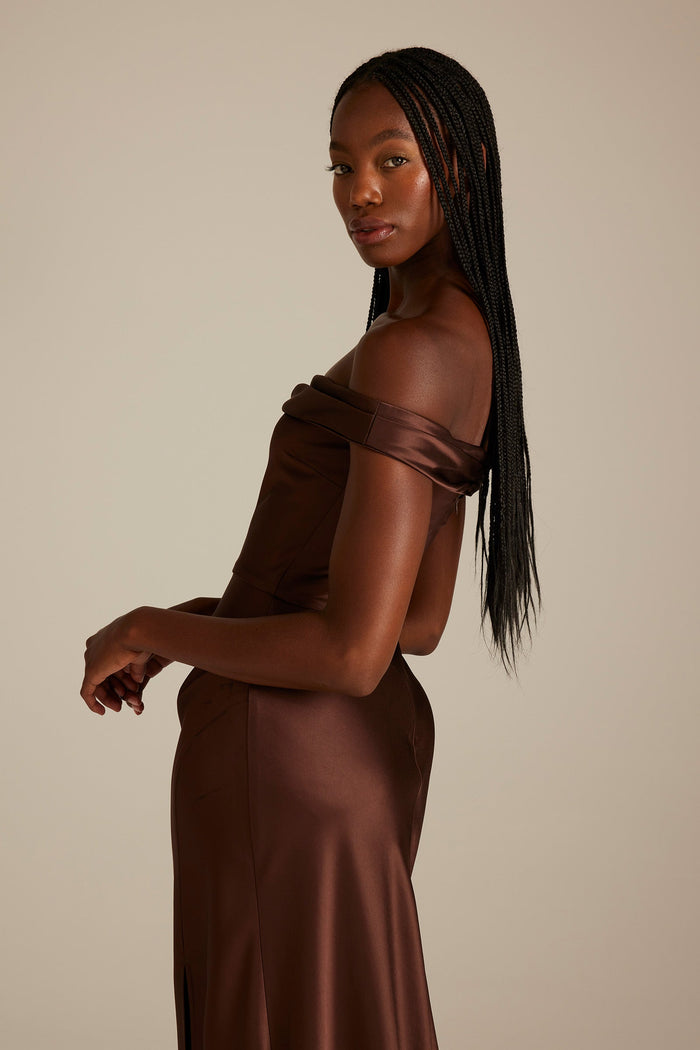 Kai Off the Shoulder Espresso Brown Bridesmaids Dress_XS_
