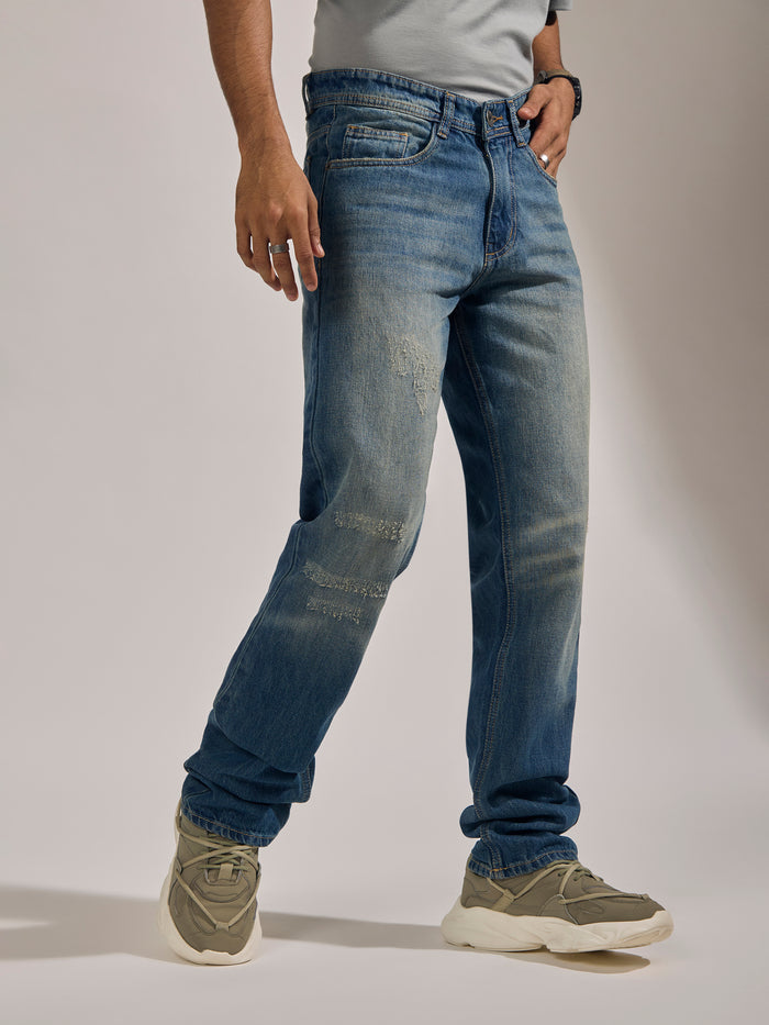 men's blue shade relaxed  fit faded jeans from durable denim .
denim jeans for men