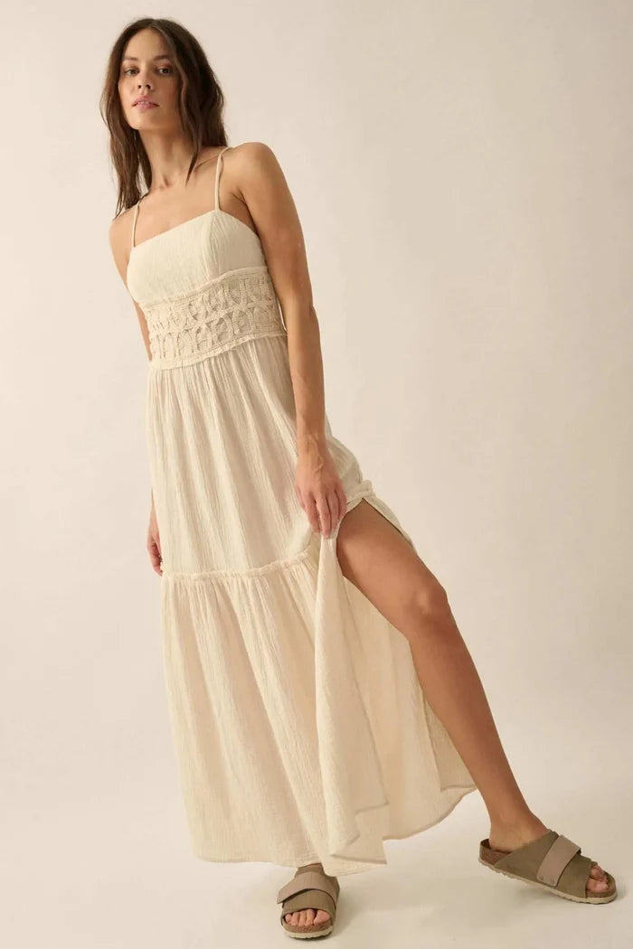 Laced Out Crochet-Trim Crinkle Cotton Maxi Dress - ShopPromesa