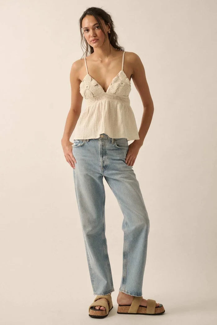 Lacy Days Crochet-Trim Crinkle Cotton Babydoll Top - ShopPromesa