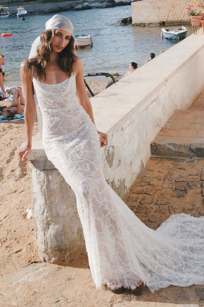 Sheer Ivory Bridal Headscarf paired with a sheer wedding dress