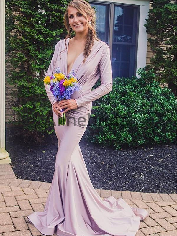 Lilac Long Sleeve V-neck Open Back Maxi Mermaid Evening Dresses, AB4056