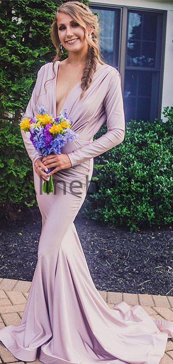 Lilac Long Sleeve V-neck Open Back Maxi Mermaid Evening Dresses, AB4056