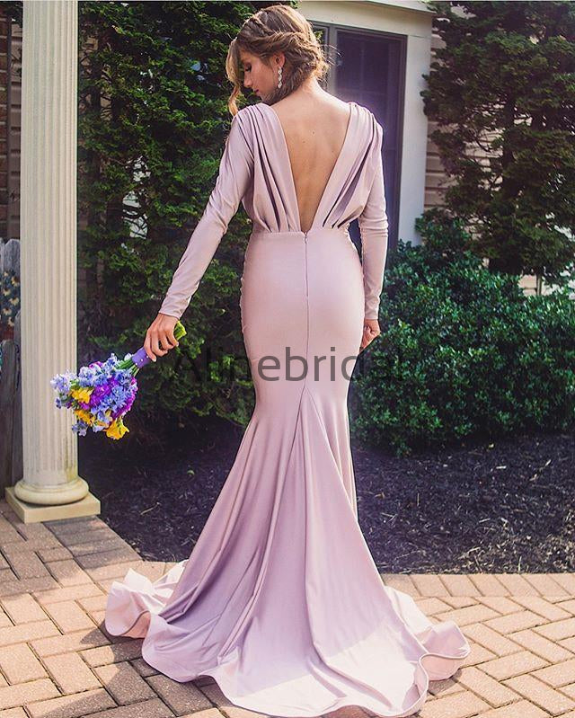 Lilac Long Sleeve V-neck Open Back Maxi Mermaid Evening Dresses, AB4056