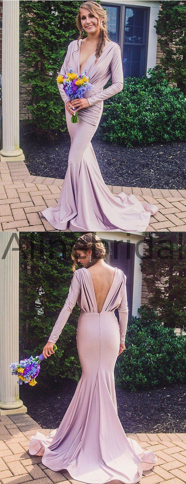 Lilac Long Sleeve V-neck Open Back Maxi Mermaid Evening Dresses, AB4056