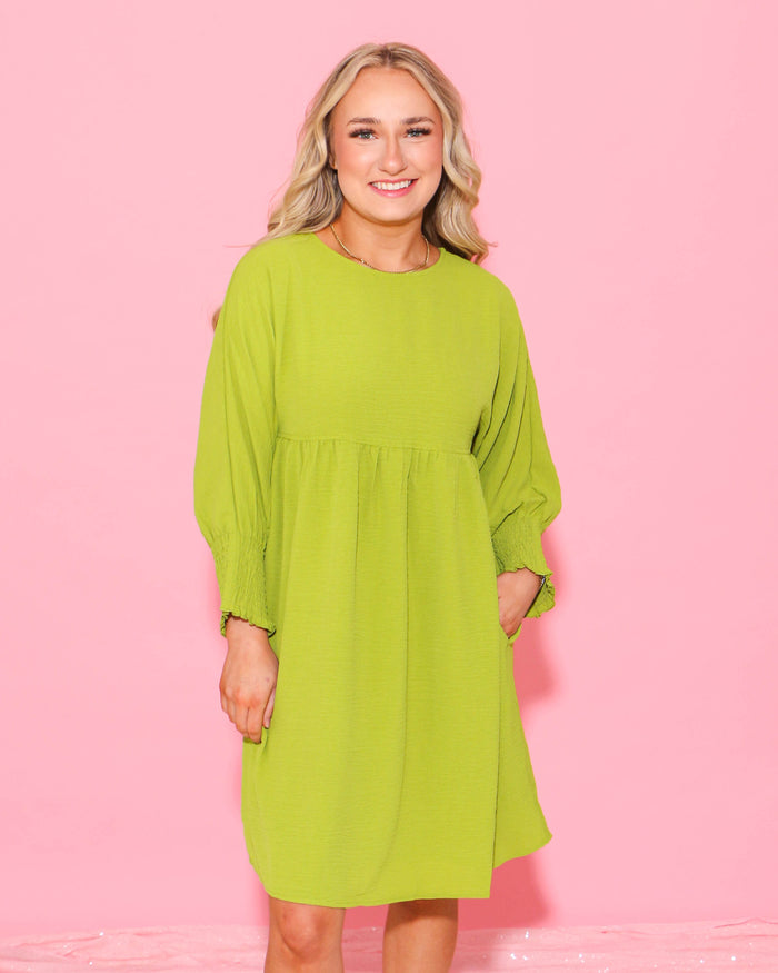 Lime Shirred Sleeve Dress