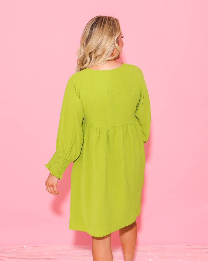 Lime Shirred Sleeve Dress