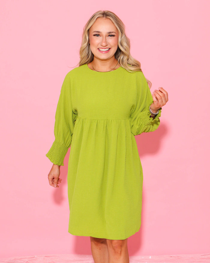 Lime Shirred Sleeve Dress