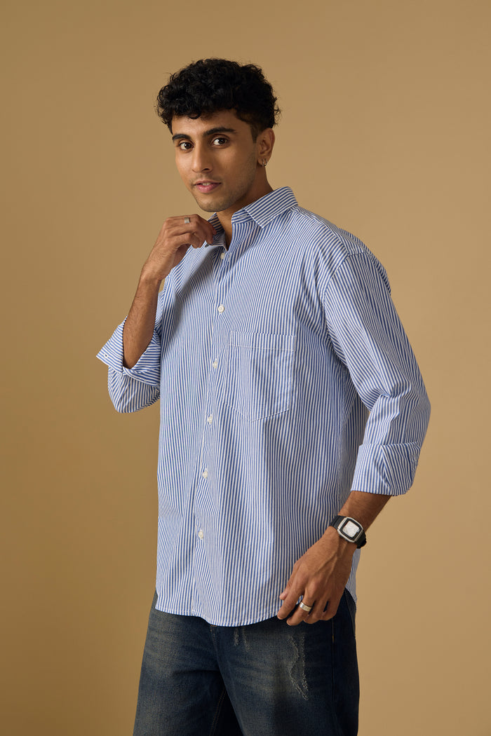 Lisandra - Oversize Striped Shirt- Ocean Blue