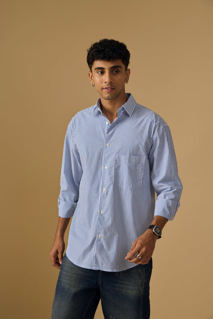 Lisandra - Oversize Striped Shirt- Ocean Blue