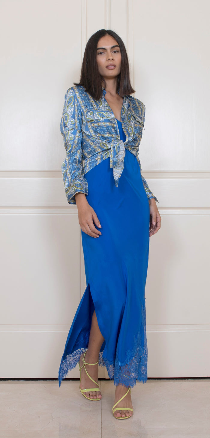 Long Silk Lace Slip Dress True Blue