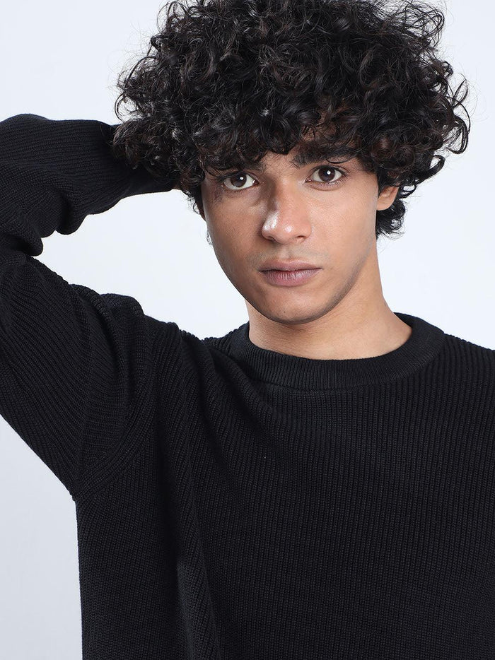 Men's Black Cotton Sweater - Espanshe