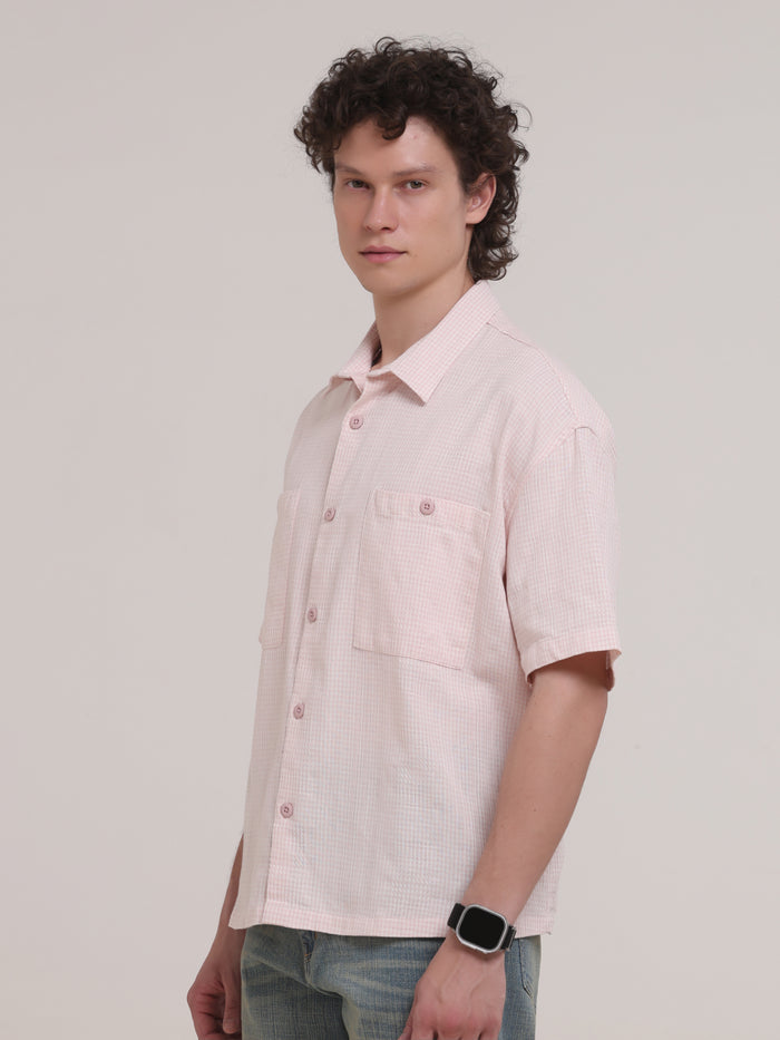 Michek Oversized Double Pocket Half Sleeve Shirt- Light Pink