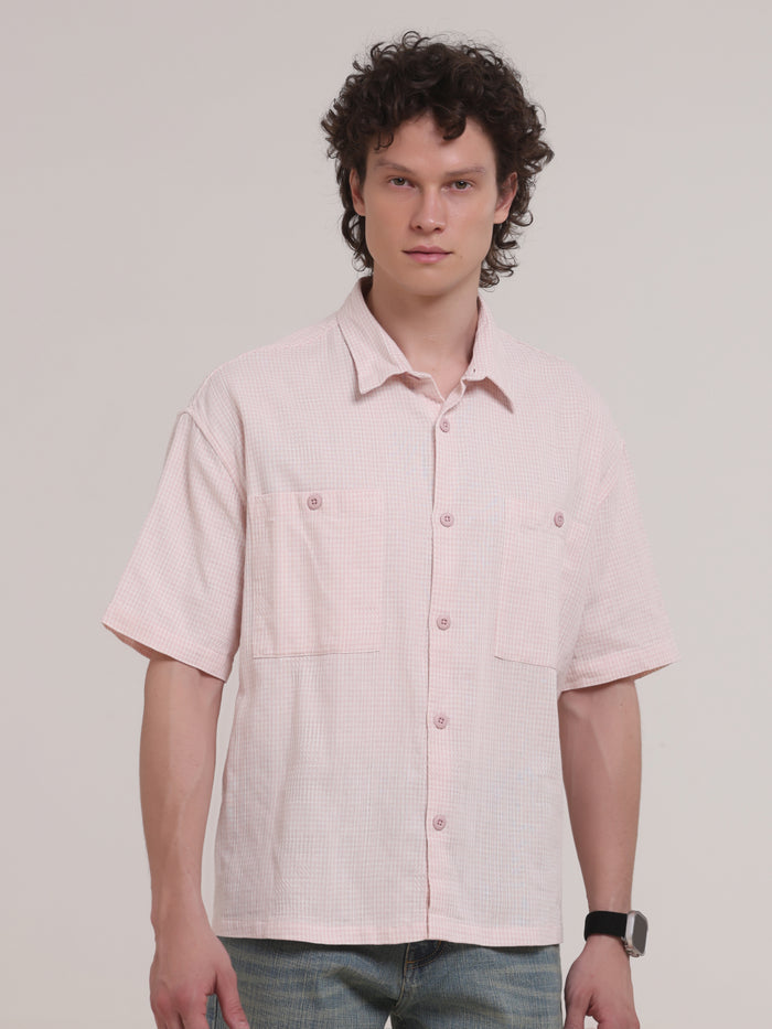 Michek Oversized Double Pocket Half Sleeve Shirt- Light Pink