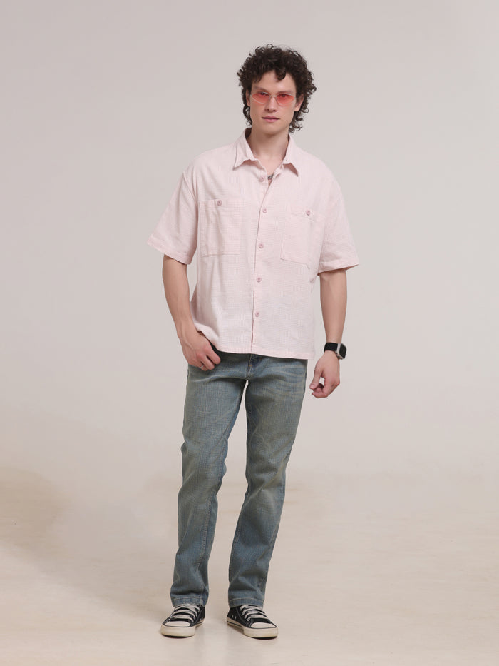 Michek Oversized Double Pocket Half Sleeve Shirt- Light Pink