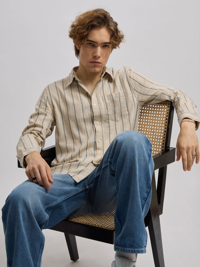 Men's beige full sleeve shirt with  vertical stripes, made from cotton and linen blend – ideal for formal and semi-formal occasions