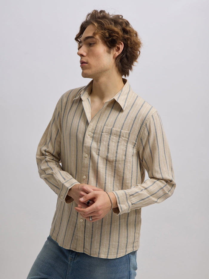 Men's beige full sleeve shirt with  vertical stripes, made from cotton and linen blend – ideal for formal and semi-formal occasions