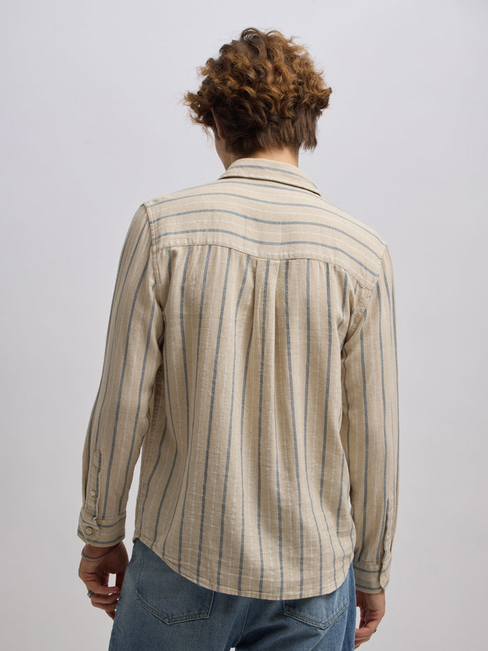 Men's navy blue full sleeve shirt with  vertical stripes, made from cotton and linen blend – ideal for formal and semi-formal occasions