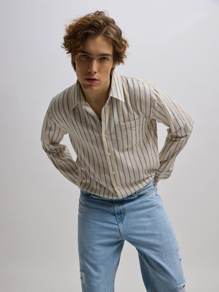 Men's beige full sleeve shirt with  vertical stripes, made from cotton and linen blend – ideal for formal and semi-formal occasions