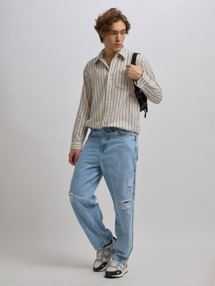 Men's beige full sleeve shirt with  vertical stripes, made from cotton and linen blend – ideal for formal and semi-formal occasions