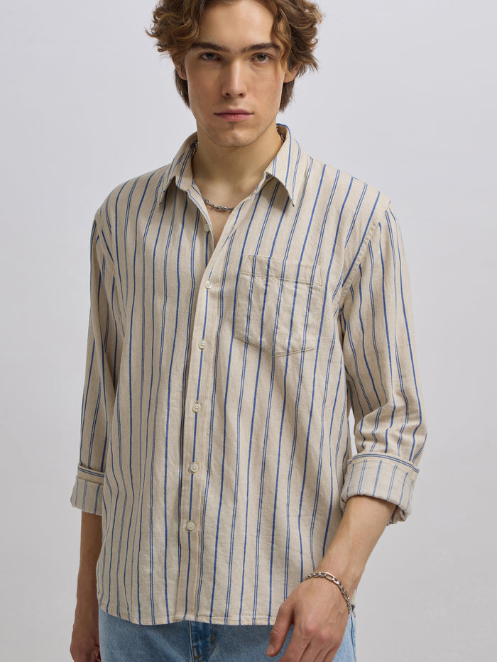 Men's beige full sleeve shirt with  vertical stripes, made from cotton and linen blend – ideal for formal and semi-formal occasions