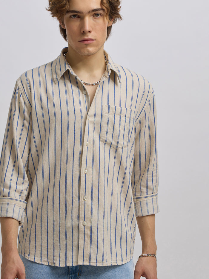 Men's beige full sleeve shirt with  vertical stripes, made from cotton and linen blend – ideal for formal and semi-formal occasions