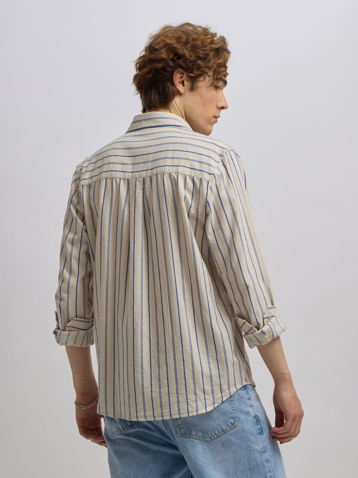 Men's beige full sleeve shirt with  vertical stripes, made from cotton and linen blend – ideal for formal and semi-formal occasions