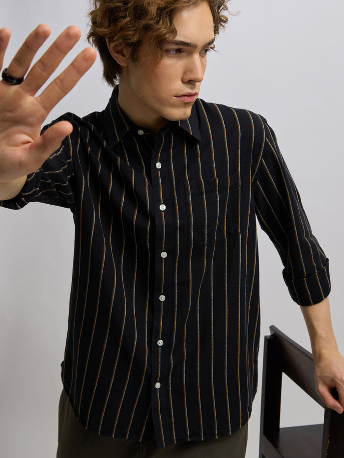Men's black full sleeve shirt with  vertical stripes, made from cotton and linen blend – ideal for formal and semi-formal occasions