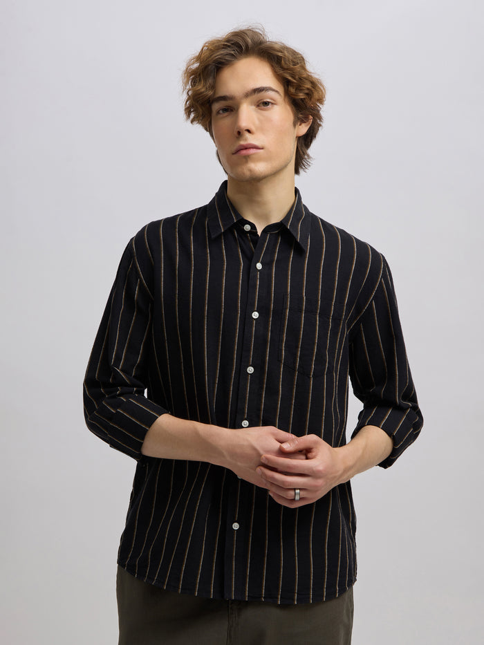 Men's black full sleeve shirt with  vertical stripes, made from cotton and linen blend – ideal for formal and semi-formal occasions